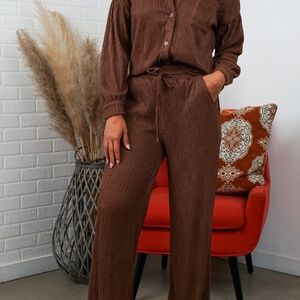 Amanda Crinkled Plisse Button Down Shirt Loungewear Set - Chestnut Brown